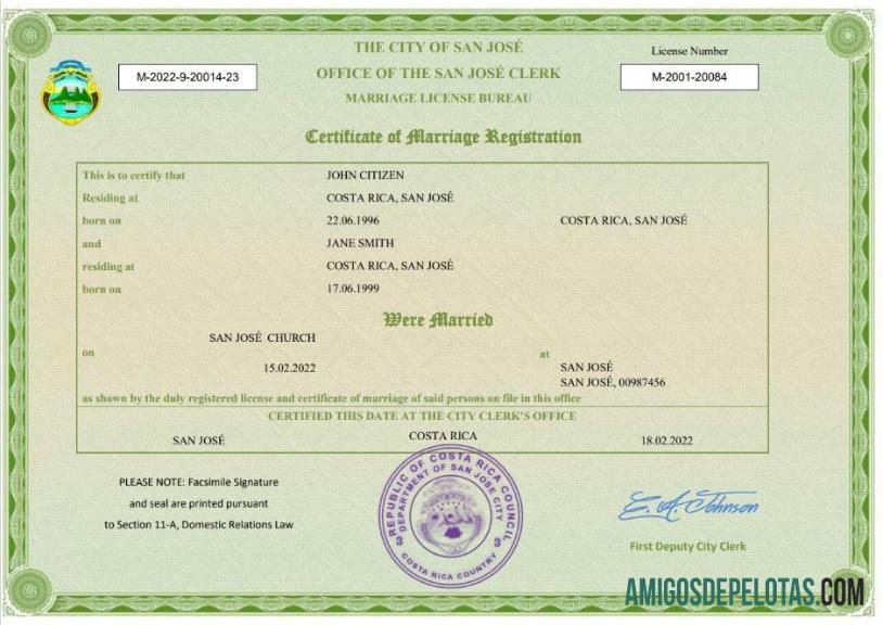 Em branco modelo Word e PDF de certidão de casamento da Costa Rica